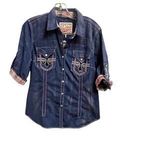 Affliction Black Premium Size Large Crystal Snap Embroidered Cross Shirt